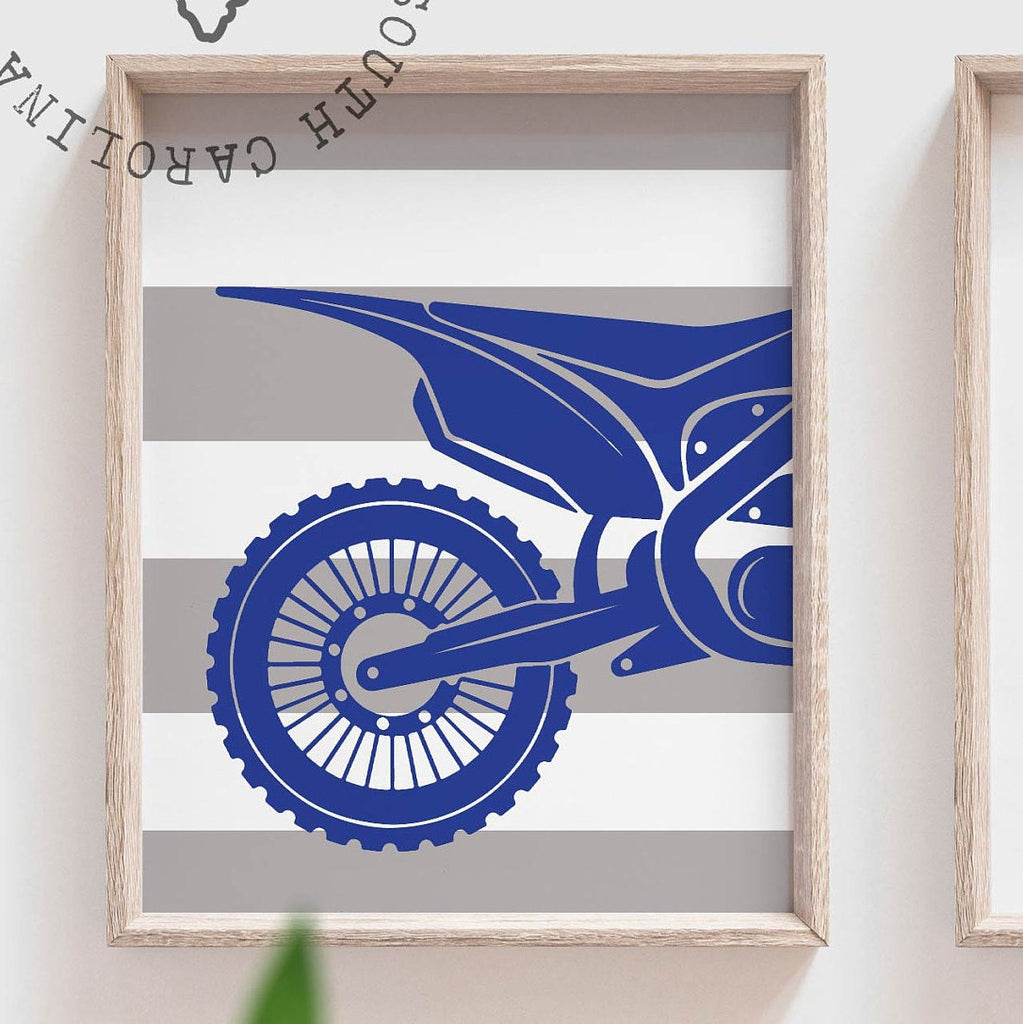 Boys cobalt blue and gray bedroom dirt bike theme, boys cobalt blue gray big boy bedroom, modern kids room dirt bikes, blue gray motocross – unframed wall art print for kids room or nursery.