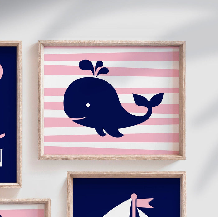 Nautical nursery decor, girls whale nursery, girls nautical bedroom art, nautical nursery art, baby girl nautical nursery art, nautical girl