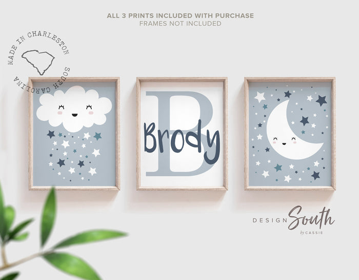 Baby boy nursery wall art, personalized boys name, baby blue and gray, moon & stars, nursery art for boy, idea for nursery, neutral boys art