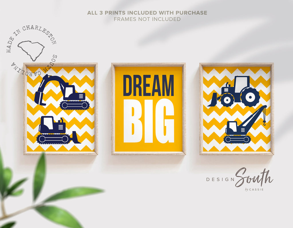 Baby boy construction nursery decor navy blue and yellow, digger prints, digger nursery art, boys construction dream big, boys bedroom decor – unframed wall art print for kids room or nursery.