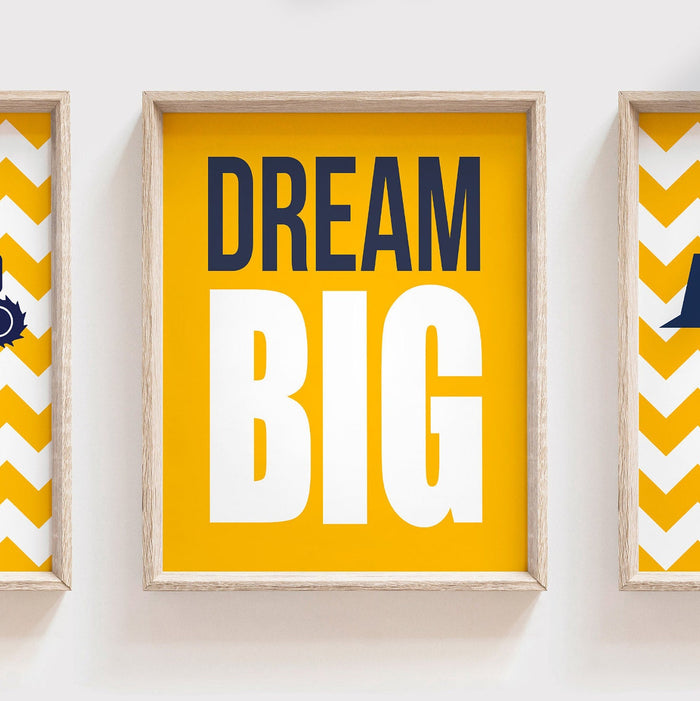 Baby boy construction nursery decor navy blue and yellow, digger prints, digger nursery art, boys construction dream big, boys bedroom decor