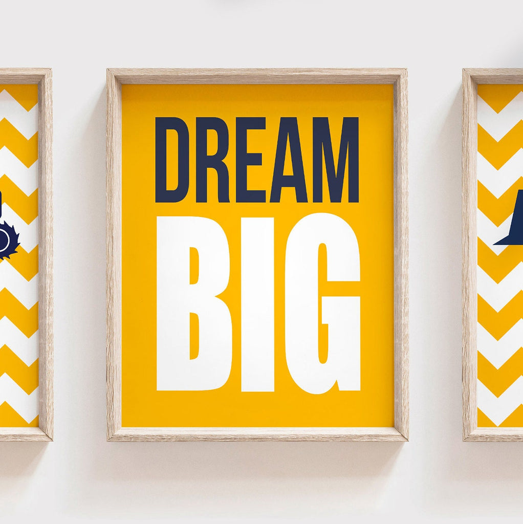Baby boy construction nursery decor navy blue and yellow, digger prints, digger nursery art, boys construction dream big, boys bedroom decor – unframed wall art print for kids room or nursery.