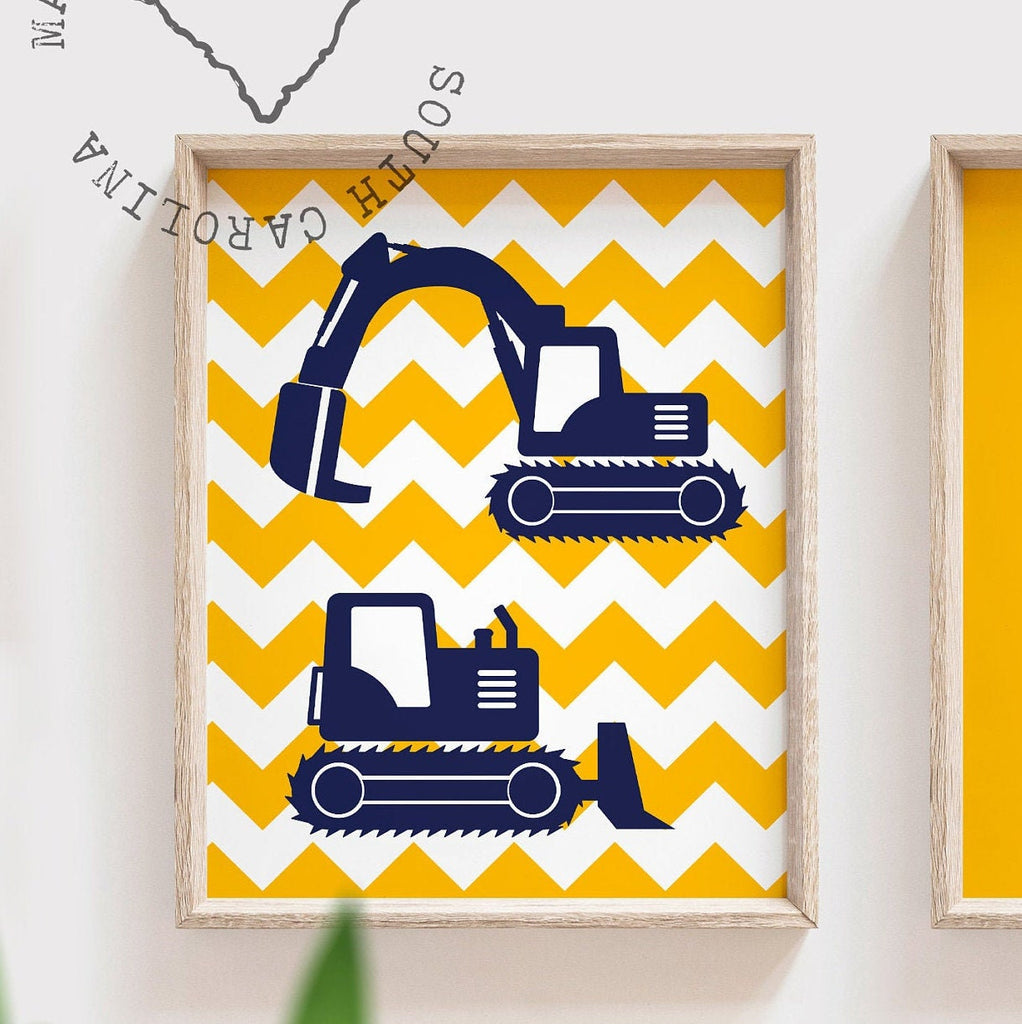Baby boy construction nursery decor navy blue and yellow, digger prints, digger nursery art, boys construction dream big, boys bedroom decor – unframed wall art print for kids room or nursery.