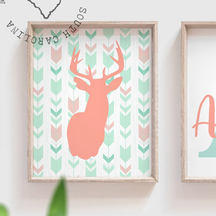 Girl deer wall art, girls deer decor, girl deer nursery, coral mint deer girl bedroom wall art, deer head girl antler, girl deer monogram
