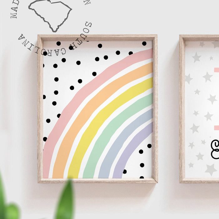 Rainbow nursery monogram art print, baby girl monogram nursery wall art, custom nursery wall art, rainbow monogram letter, polka dots kid