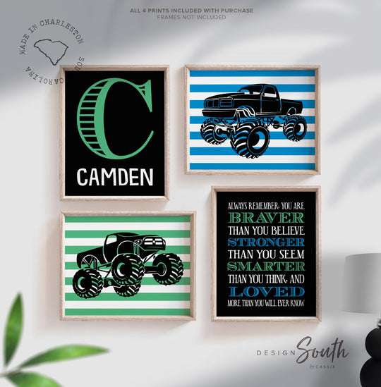 Monster truck wall personalized name for boys room decor, truck theme wall prints, boys monster truck with name, toddler truck bedroom decor – unframed wall art print for kids room or nursery.