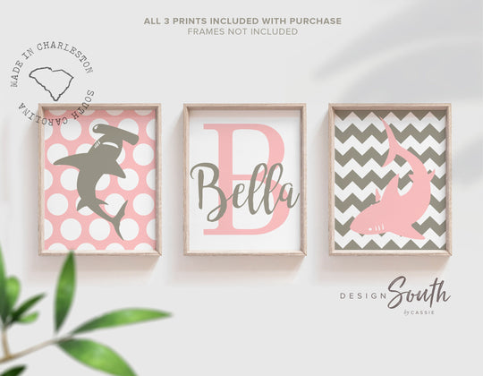 Girls shark nursery pink and gray, baby girl nursery sharks, pink sharks, pink and gray sharks, girls bedroom sharks, shark decor for girls – unframed wall art print for kids room or nursery.