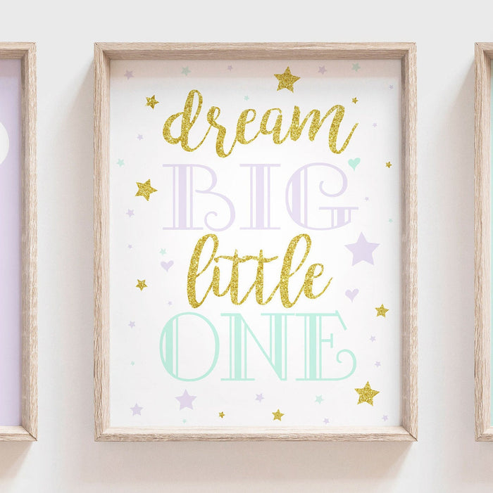 Girls nursery art, purple lilac mint gold, dream big, stars clouds moon, wall decor for baby girl room, baby shower gift girl, nursery art