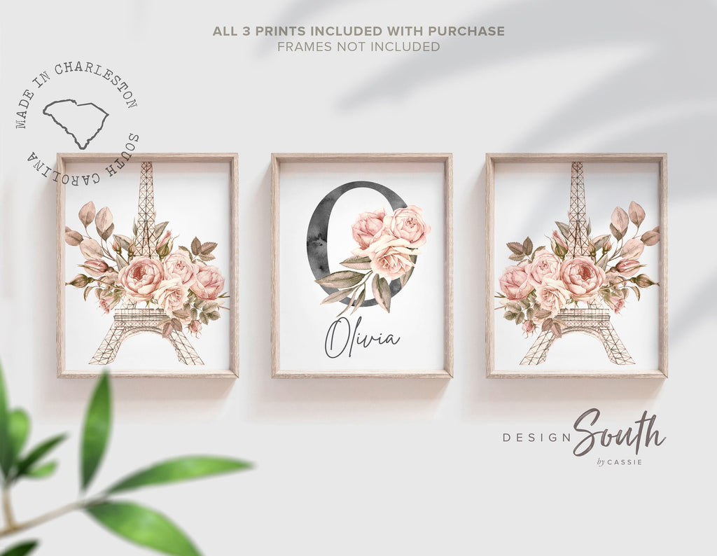 Paris girl baby name Eiffel tower decor set, blush mauve pale pink flower nursery, Paris themed girl's bedroom, Paris shower baby gift idea