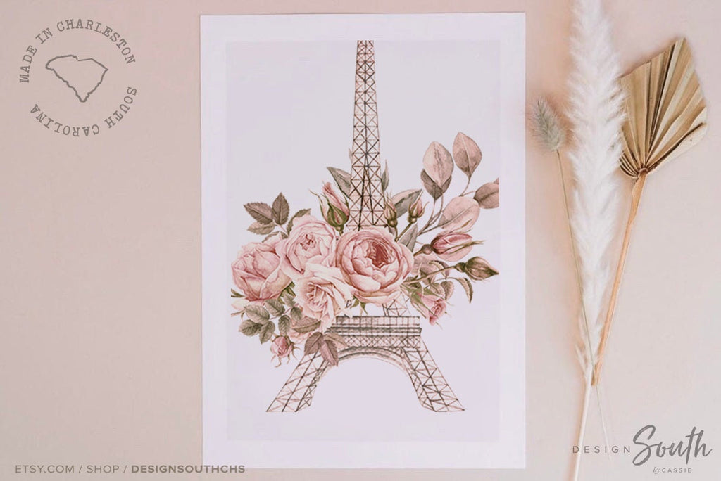 Paris girl baby name Eiffel tower decor set, blush mauve pale pink flower nursery, Paris themed girl's bedroom, Paris shower baby gift idea