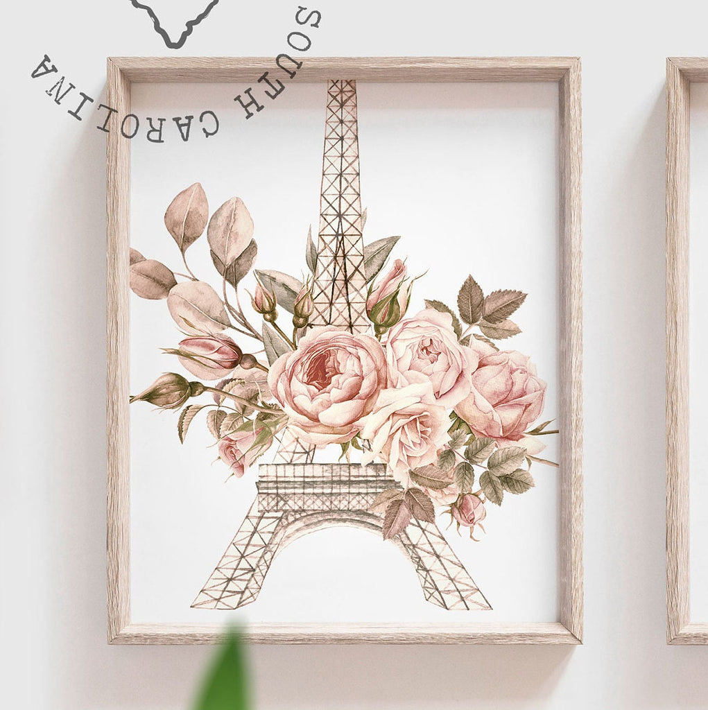 Paris girl baby name Eiffel tower decor set, blush mauve pale pink flower nursery, Paris themed girl's bedroom, Paris shower baby gift idea