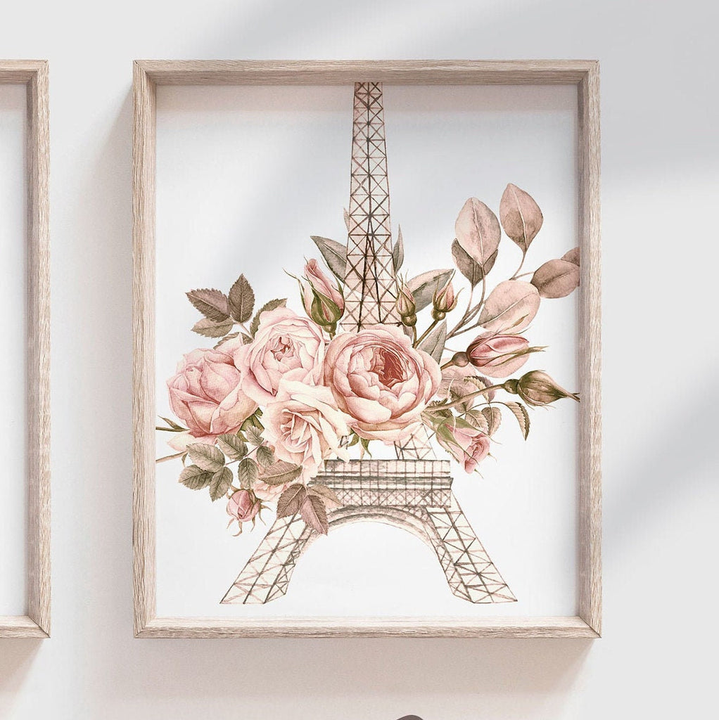 Paris girl baby name Eiffel tower decor set, blush mauve pale pink flower nursery, Paris themed girl's bedroom, Paris shower baby gift idea