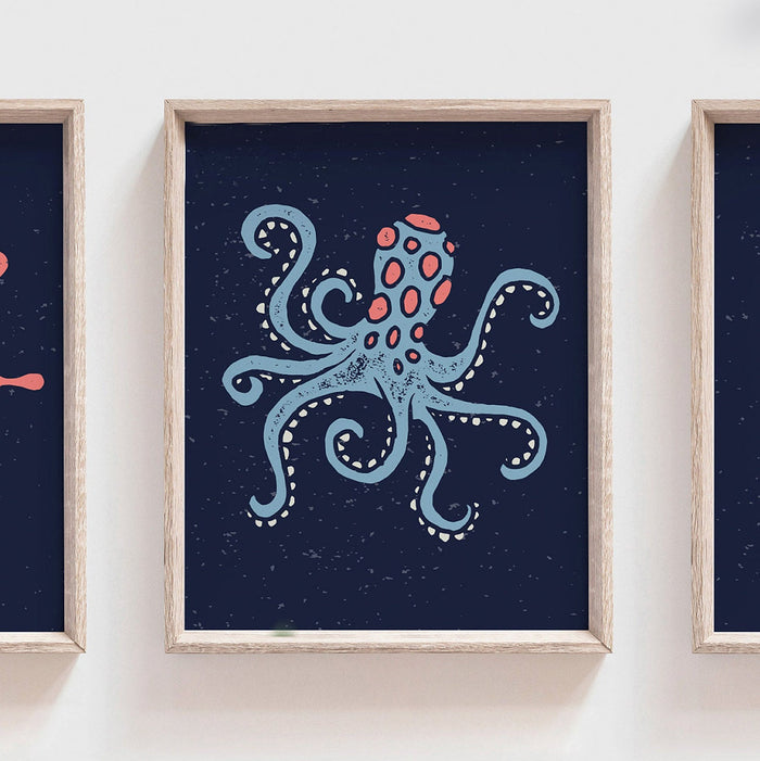 Nautical kids art octopus ship wheel anchor, navy blue nautical bathroom wall art prints, wall art for children, playroom wall ideas ocean