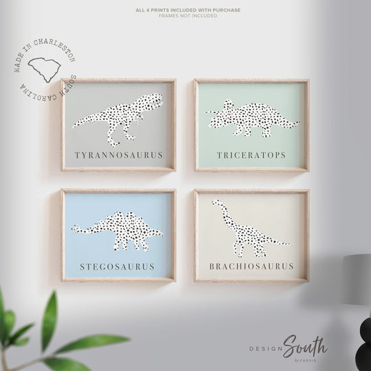 Baby blue gray dinosaur nursery wall art decor, modern boys dinosaur decor, contemporary boys dinosaur theme room, gift for boy dinosaur art – unframed wall art print for kids room or nursery.
