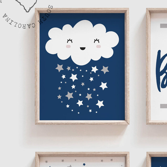 Navy blue and gray boys nursery wall art, moon star clouds, baby boy art, navy blue nursery decor, star nursery, baby boy nursery wall decor