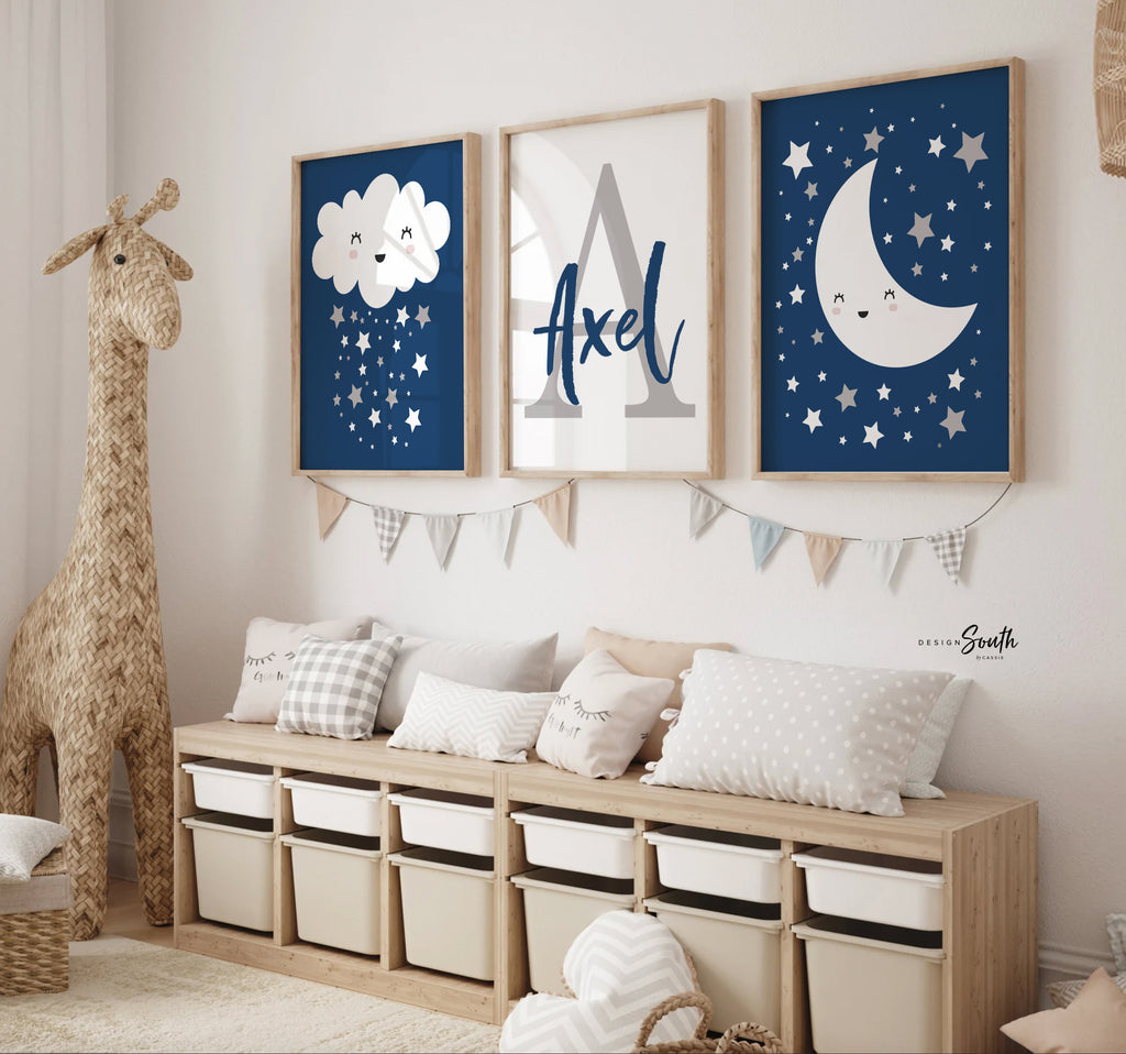 Baby boy navy blue and gray nursery decor personalized name print monogram, cloud nursery, moon star, boys nursery decor, wall art for boys