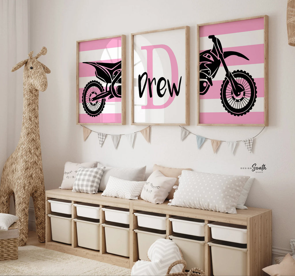 Pink dirt bike room decorating ideas, customized name motocross dirt bike wall art girls room, pink dirt bike theme, bedroom girl playroom