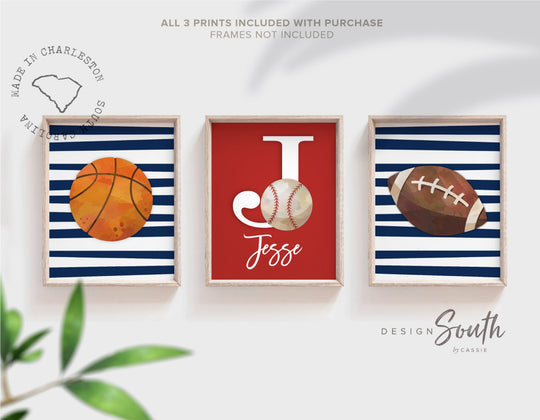 Red and navy blue nursery decor sports, boys bedroom sports decor, monogram print navy blue and red, boys monogram basketball football baseball nursery print, boy bedroom art sports – unframed wall art print for kids room or nursery.