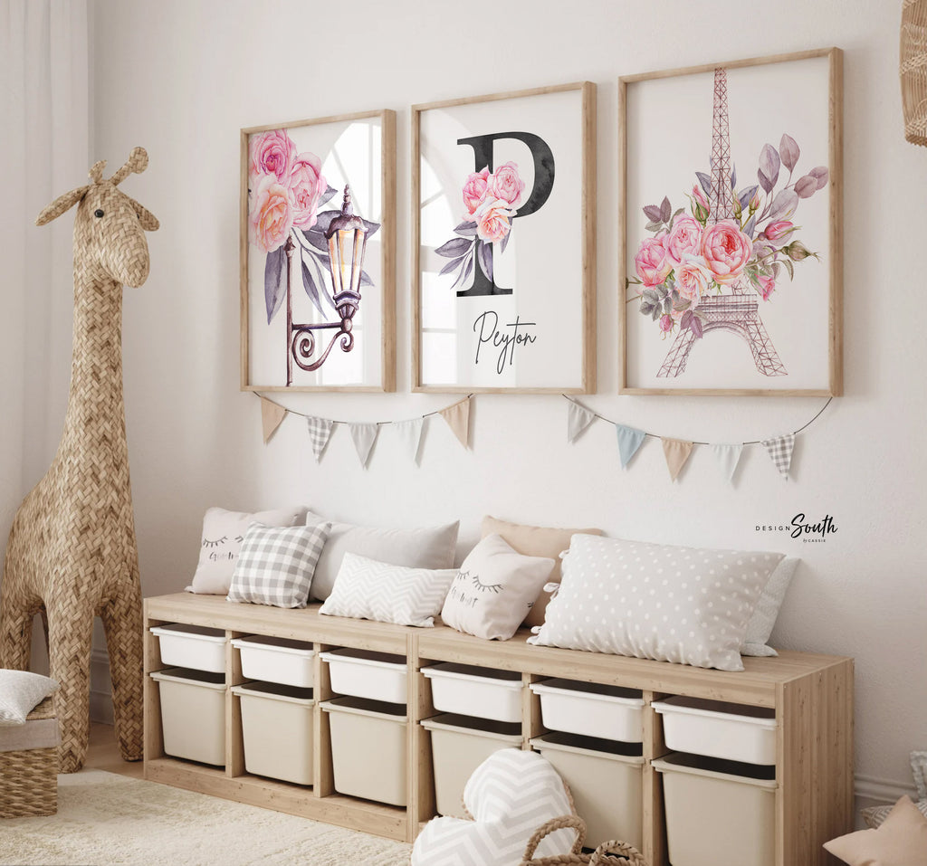 Paris bedroom decor baby girl nursery or girls room, eiffel tower lantern print kids name sign, paris themed nursery pink baby room floral