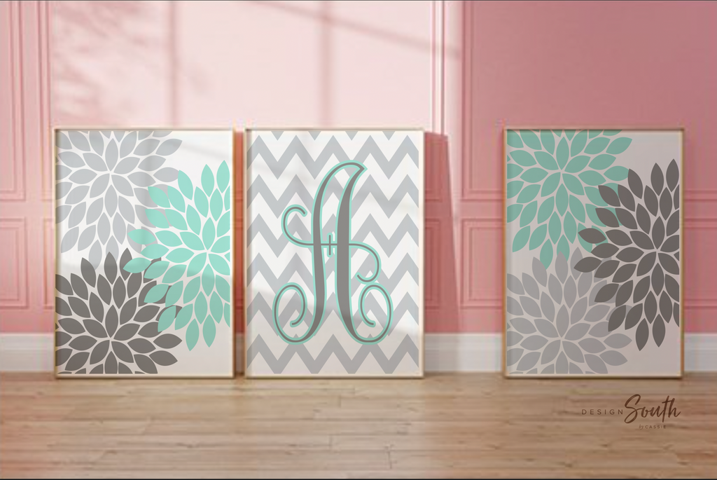 Girls bedroom teal, wall decor for girls, wall art for girls, teal decor girls room, teal art baby girl, teal monogram, teal and gray girls