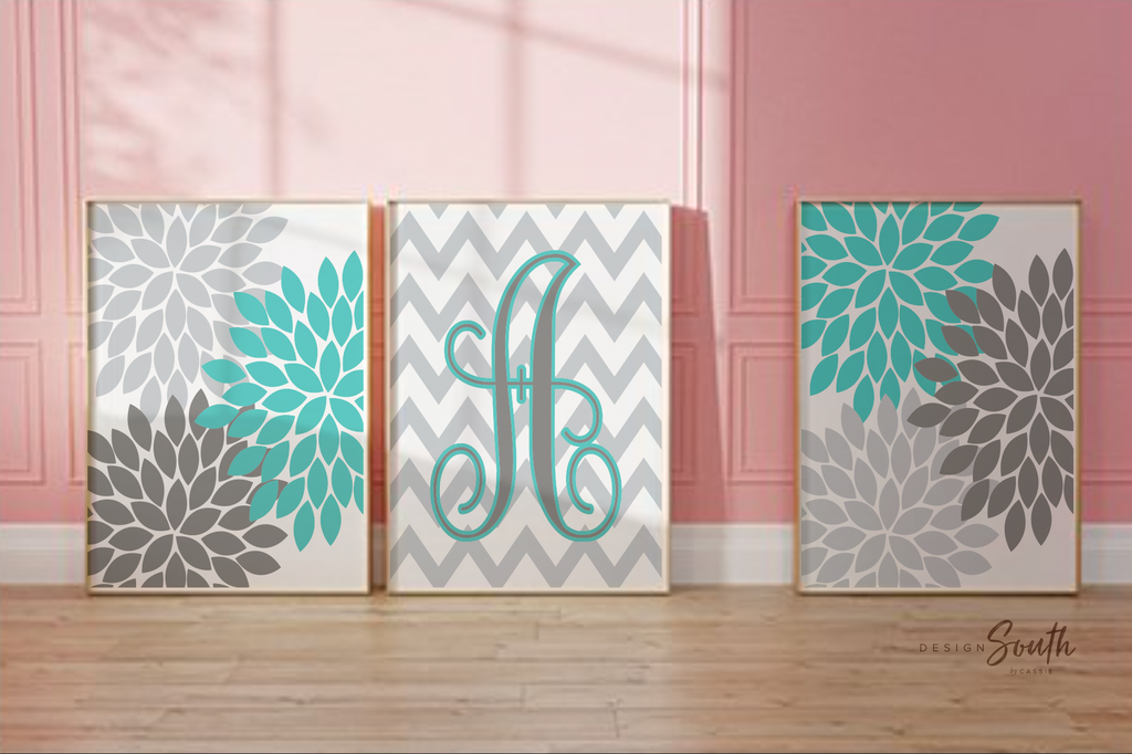 Girls bedroom wall decor turquoise and gray, little girl's monogram teal turquoise, nursery monogram girl, floral pictures for girls room