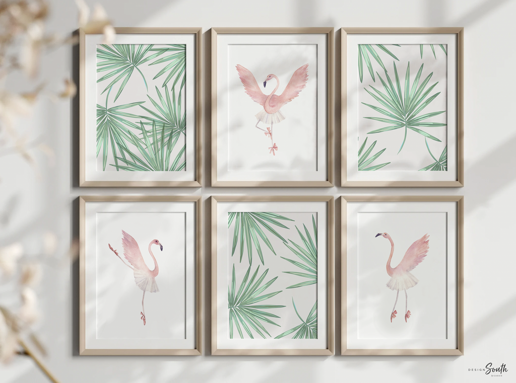 Tropical flamingo nursery, pink green nursery tropical baby, palm leaf tropical theme baby, trendy nursery wall art decor, ballerina gift