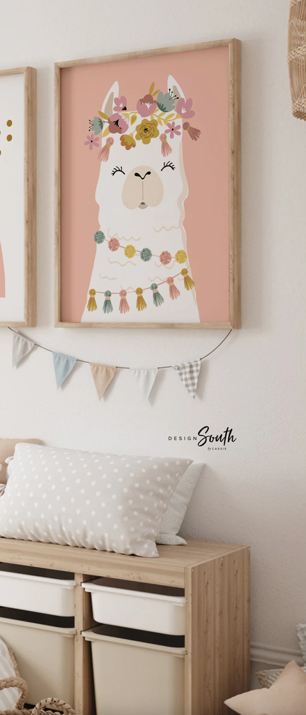 Boho nursery decor, boho nursery wall art idea, print set llama mauve pink succulents, llama themed baby room, wall decor girl bedroom llama