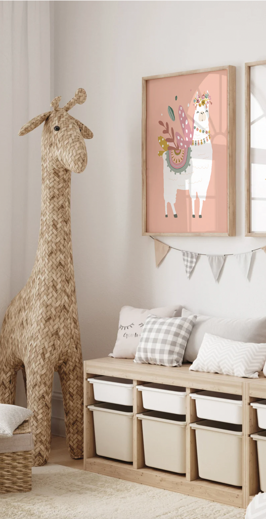 Name script boho with llamas nursery decor, boho nursery wall art idea, print set llama mauve pink succulents, llama themed baby room, wall decor girl bedroom llama
