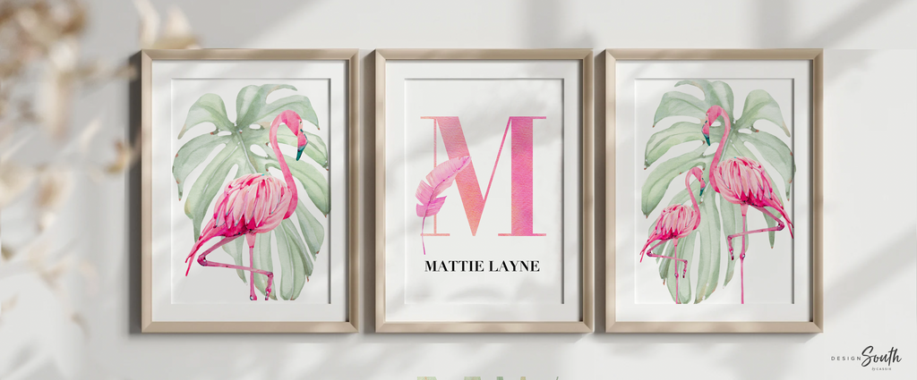 Hot pink flamingo tropical palm leaf baby, pink girls nursery art green botanical tropics, girl pink flamingo art, baby girl flamingo wall