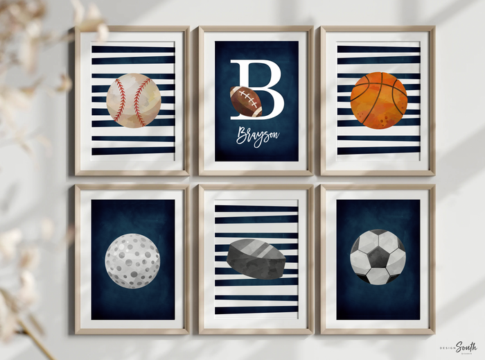 Sports collection print set boys name, sports theme wall pictures, sports art personalized gift, baseball football kids wall art boy nursery