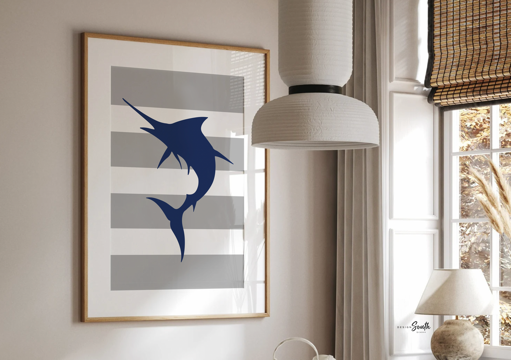 Boys bathroom decor gray and navy blue, marlin fish theme baby boy, fish baby shower gift, fisherman gift for baby, toddler bathroom decor
