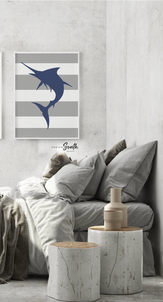 Boys bathroom decor gray and navy blue, marlin fish theme baby boy, fish baby shower gift, fisherman gift for baby, toddler bathroom decor