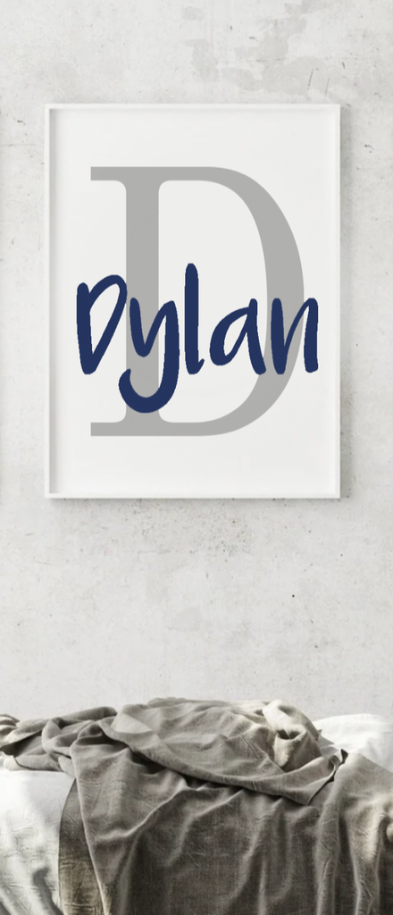 Shared boy bedroom, twin boys nursery wall art prints, navy blue and gray celestial theme moon stars clouds, personalized name and initial