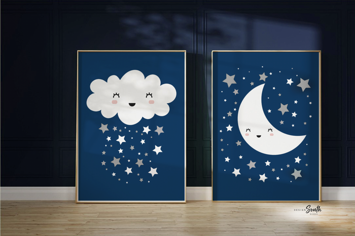 Shared boy bedroom, twin boys nursery wall art prints, navy blue and gray celestial theme moon stars clouds, personalized name and initial