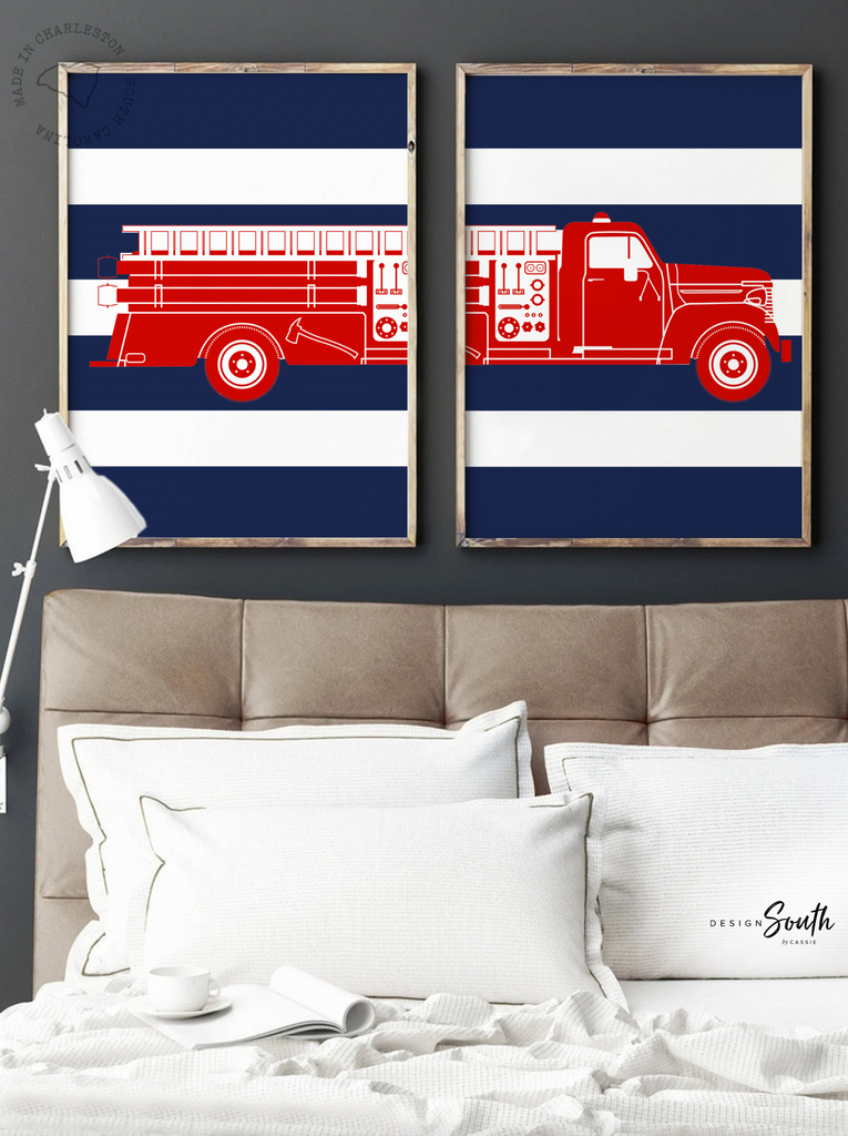Fire truck boys bedroom theme decor, firefighter nursery art, navy blue and red firetruck art, boy firetruck decor, boy wall art firefighter