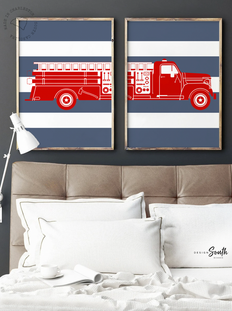 Denim blue fire truck boys bedroom theme decor, firefighter baby room nursery art, blue and red firetruck wall art, boy wall art firefighter