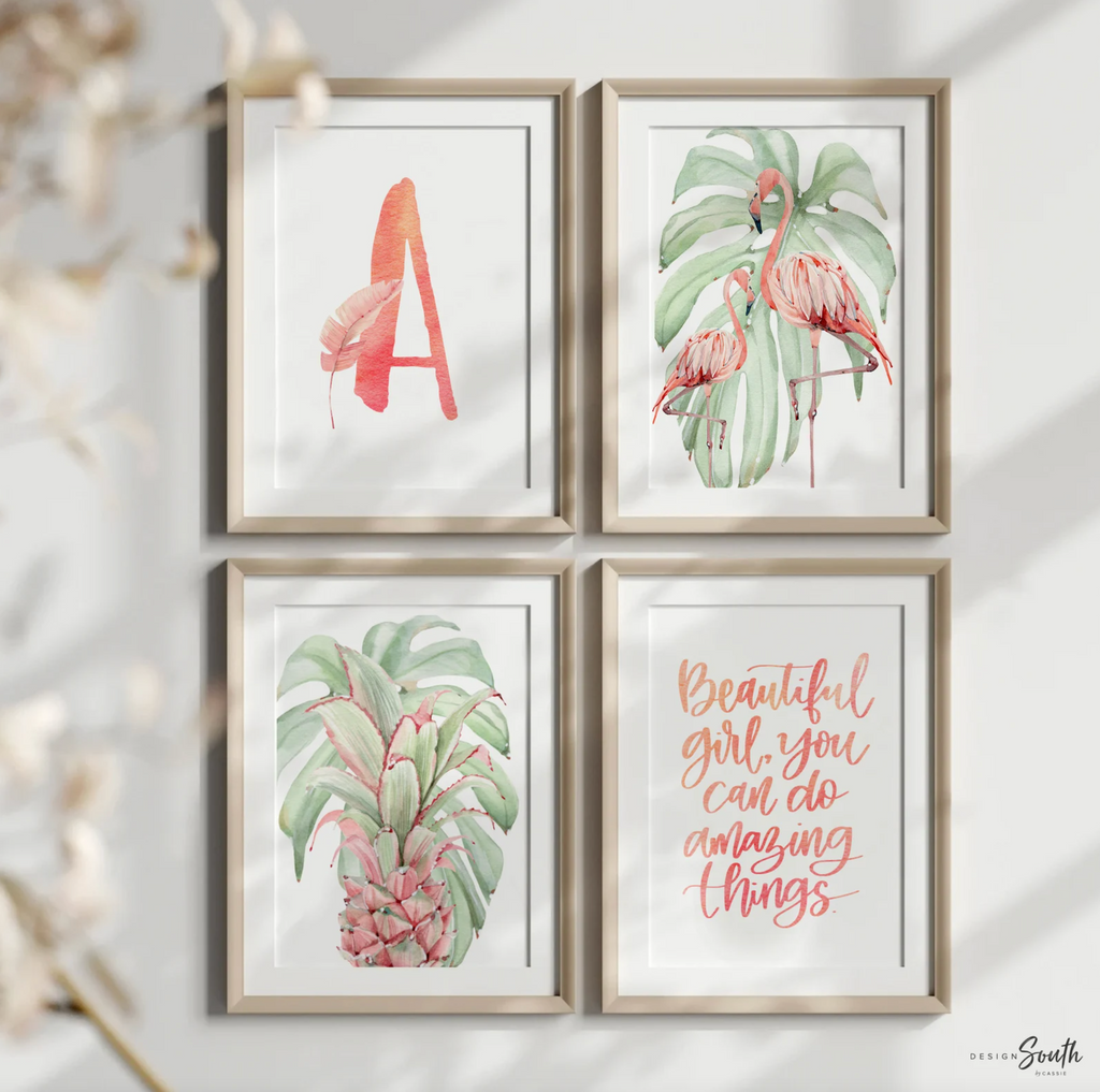Flamingo tropical nursery wall art, botanical plants flamingos pineapple palm leaves decor, girls palm name bedroom art, nursery art print