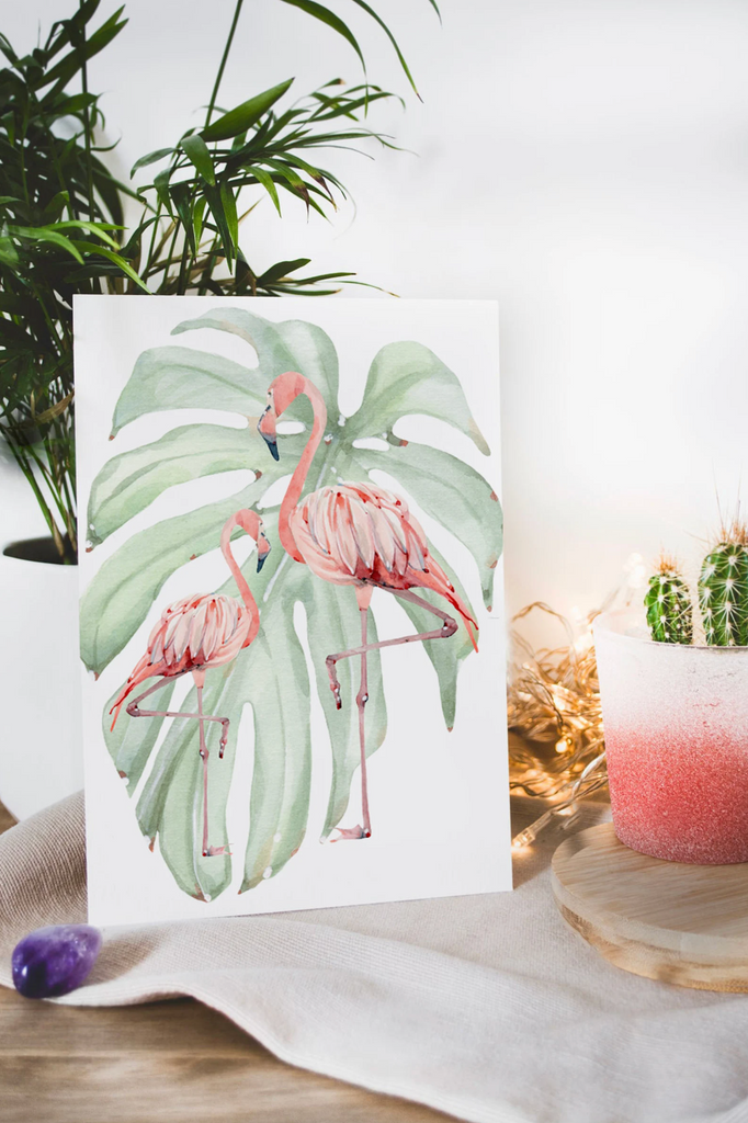 Flamingo tropical nursery wall art, botanical plants flamingos pineapple palm leaves decor, girls palm name bedroom art, nursery art print