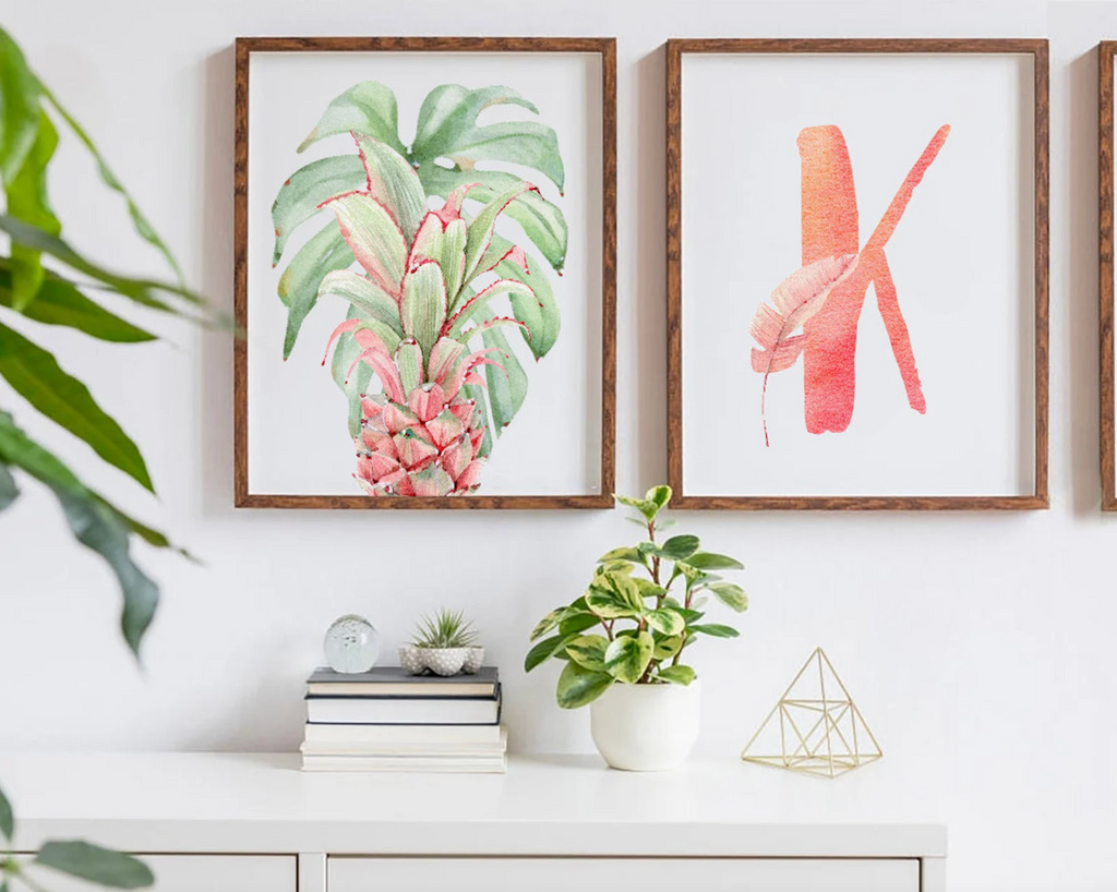 Flamingo tropical nursery wall art, botanical plants flamingos pineapple palm leaves decor, girls palm name bedroom art, nursery art print