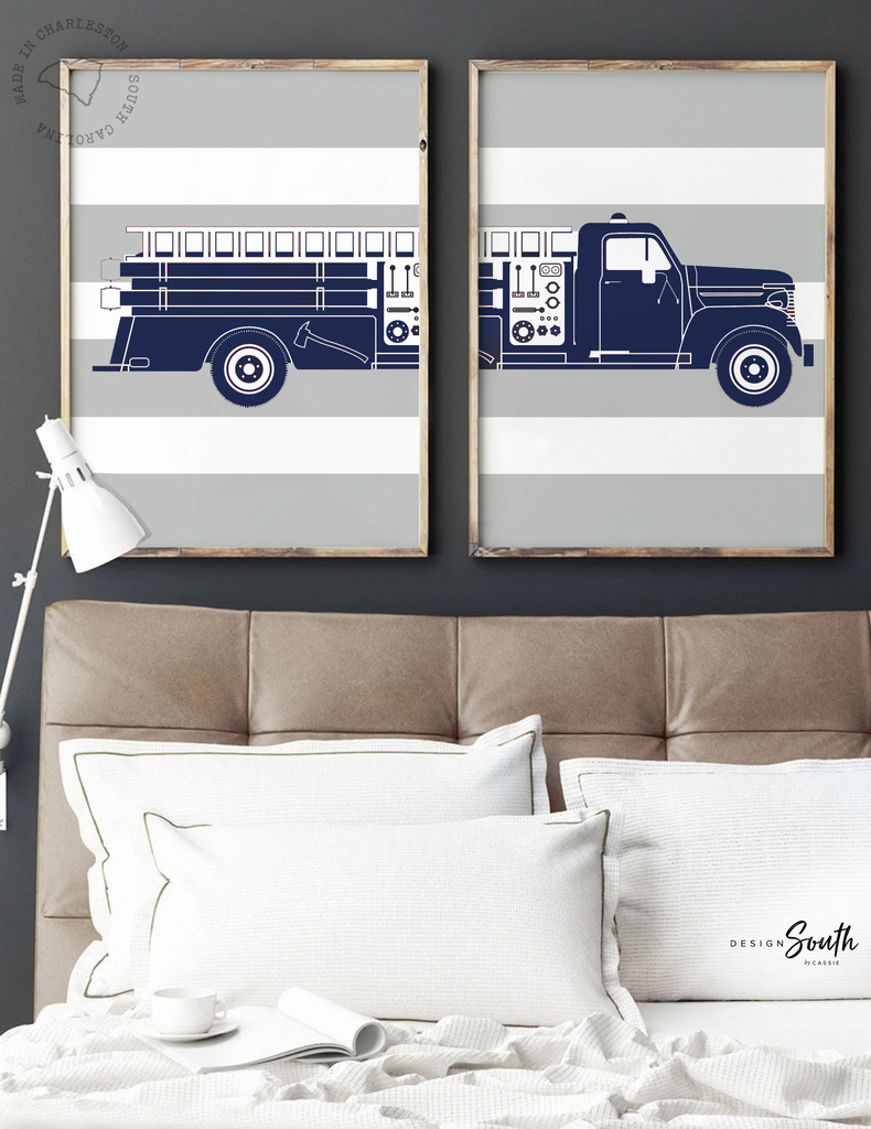 Fire truck nursery decor, little firefighter gift, navy firetruck art, firetruck theme, boys firetruck decor, boy wall art firefighter gift