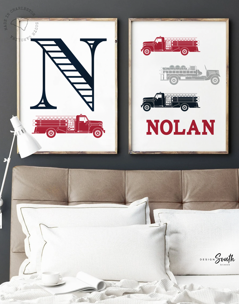 Fire truck nursery decor, firefighter nursery art, navy firetruck art, firetruck theme, boys firetruck decor, boy wall art, firefighter art