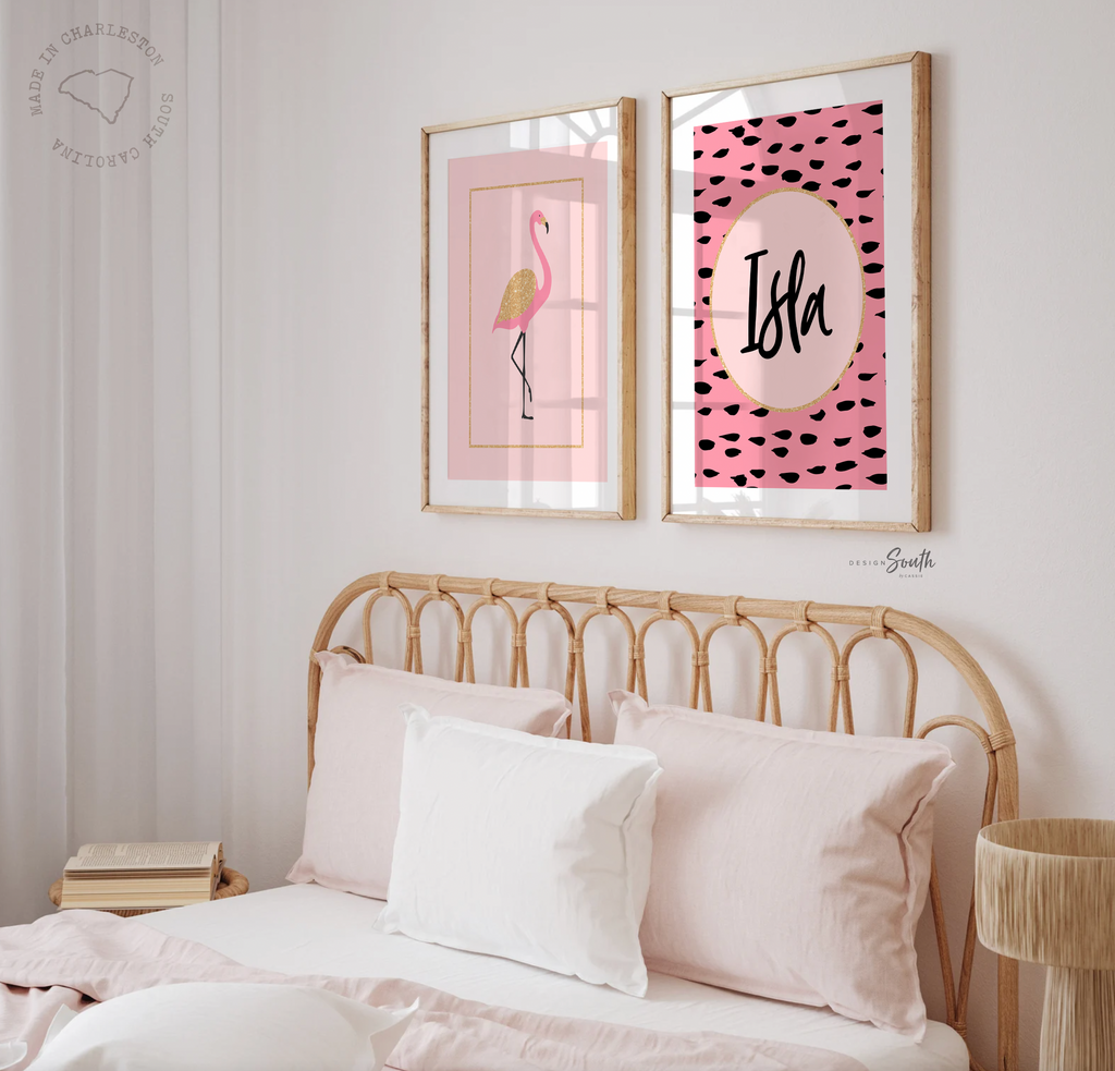 Pink and gold girls wall decor, nursery prints flamingo themed room decor, flamingo tropical art set, pink gold pineapple nursery, personalized nursery