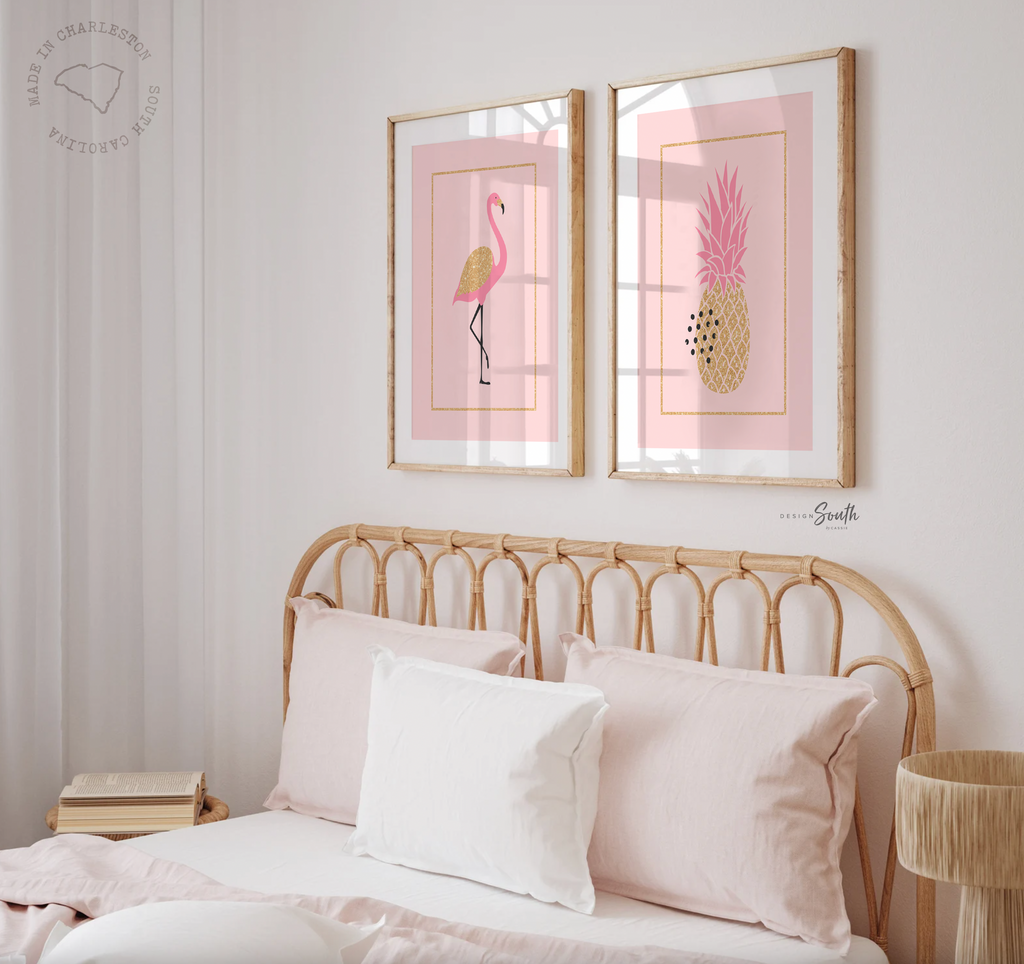 Tropical flamingo wall art, flamingo pictures pink tropical prints, baby nursery pink gold tropical, artwork above crib tropical pineapple