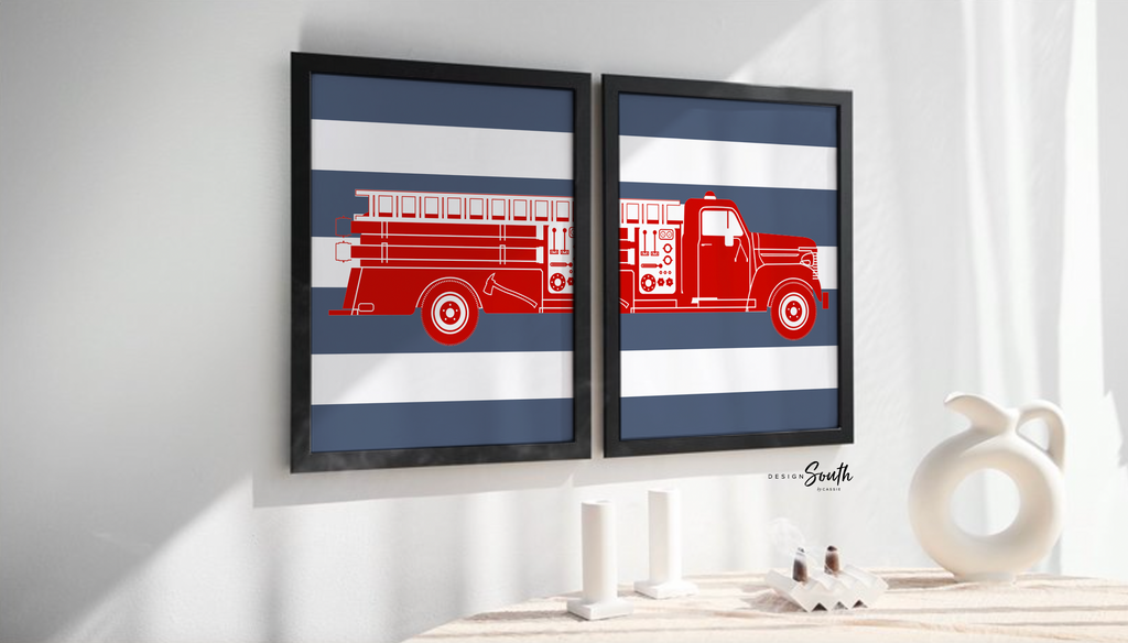 Denim blue fire truck boys bedroom theme decor, firefighter baby room nursery art, blue and red firetruck wall art, boy wall art firefighter