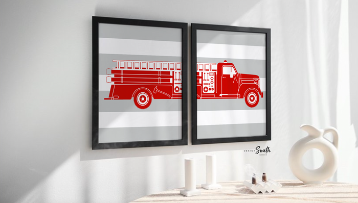 Red firetruck nursery decor, firefighter nursery art, firetruck kid art, firetruck theme, children firetruck wall art prints, personalized