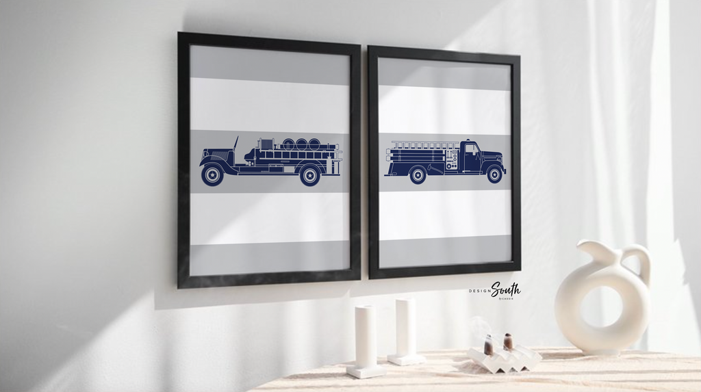 Fire truck nursery decor, firefighter nursery art, navy firetruck art, firetruck theme, boys firetruck decor, boy wall art, firefighter art