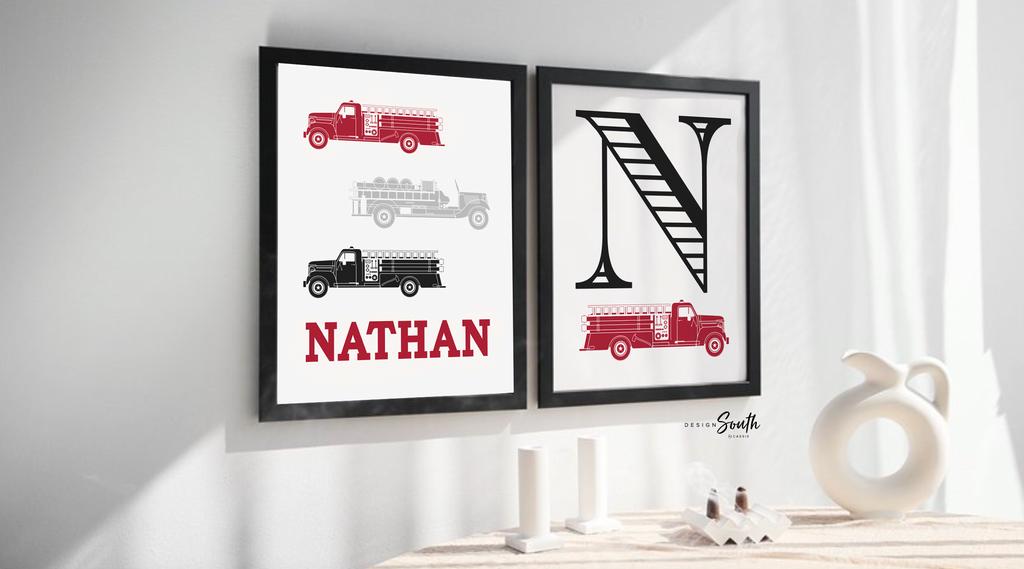 Fire truck nursery decor, firefighter nursery art, navy firetruck art, firetruck theme, boys firetruck decor, boy wall art, firefighter art