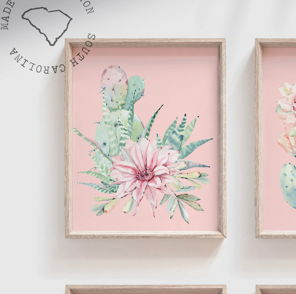 Baby girl boho cactus nursery, walls pink floral cactus prints, set of 4 flower prints, desert theme cactus bloom art, nursery succulents