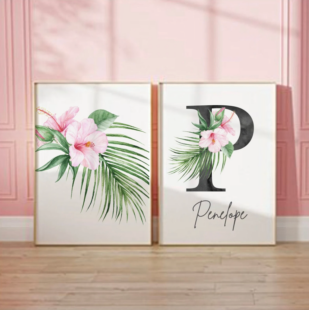 Baby girl nursery wall art, tropical theme baby shower gift for girl, palm leaf nursery, tropical baby girl nursery, hawaiian nursery decor