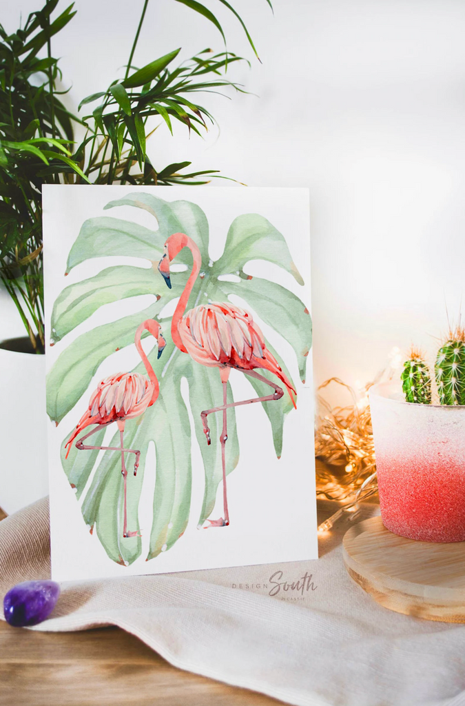 Tropical flamingo nursery, pink green nursery tropical baby, monstera leaf tropical theme baby, trendy nursery wall art decor baby girl gift